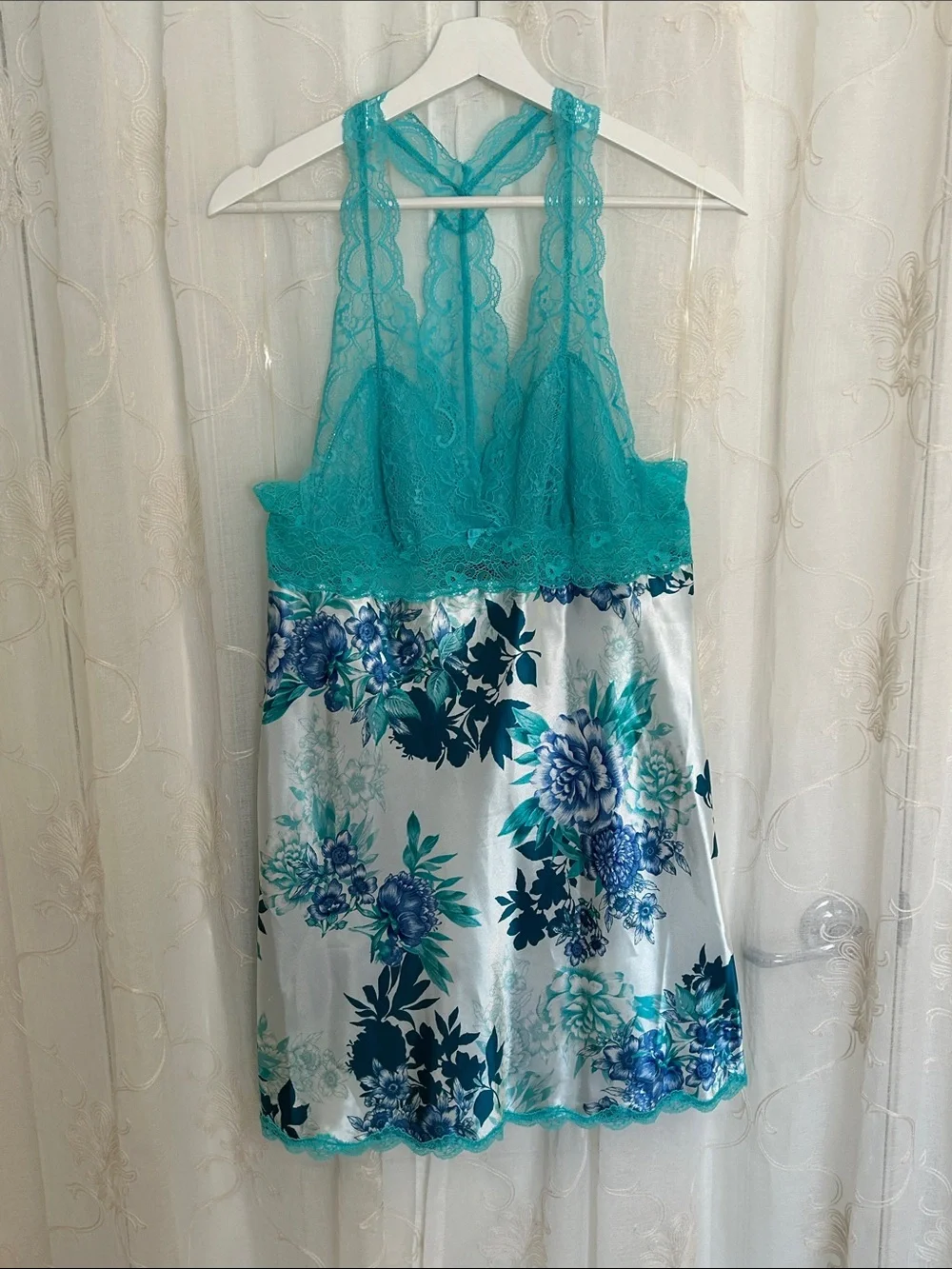 Thalia Sodi Aqua Blue White Floral Satin & Lace Chemise Nightgown Slip Size L